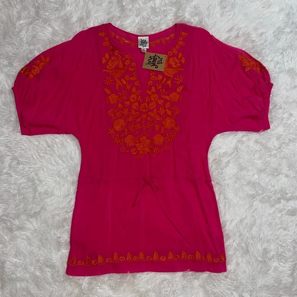 Ivy Jane NWT Floral Bird Embroidered Dolman Pink Short Sleeve Waist Tie Top